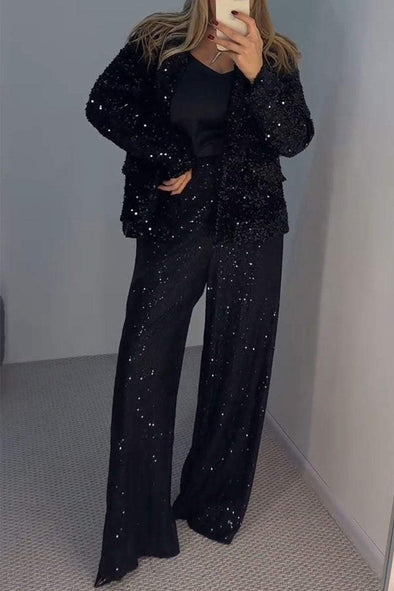 Women's Solid Color Sequined Coat and Trousers Set