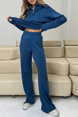 Women's Lapel Solid Color Top and Trousers Set