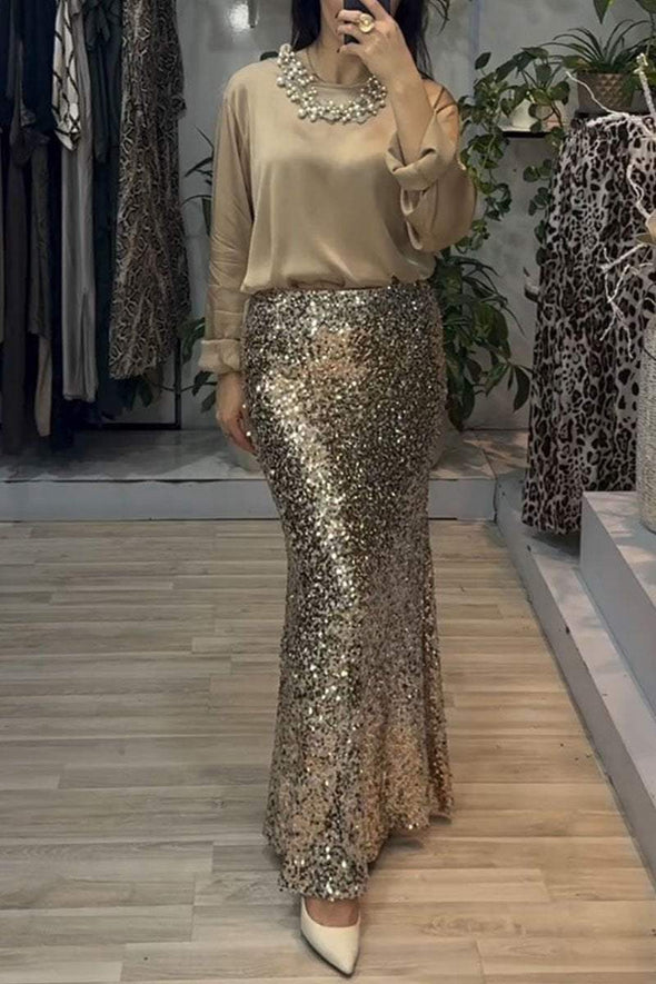 Women's Round Neck Long Sleeve Sequined Skirt Two Piece Suit