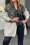 Women's Casual Leopard Print Knit Patchwork Long Sleeve Jacket