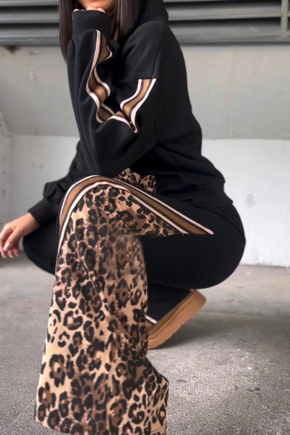 Women's casual leopard print patchwork hooded sweatshirt set