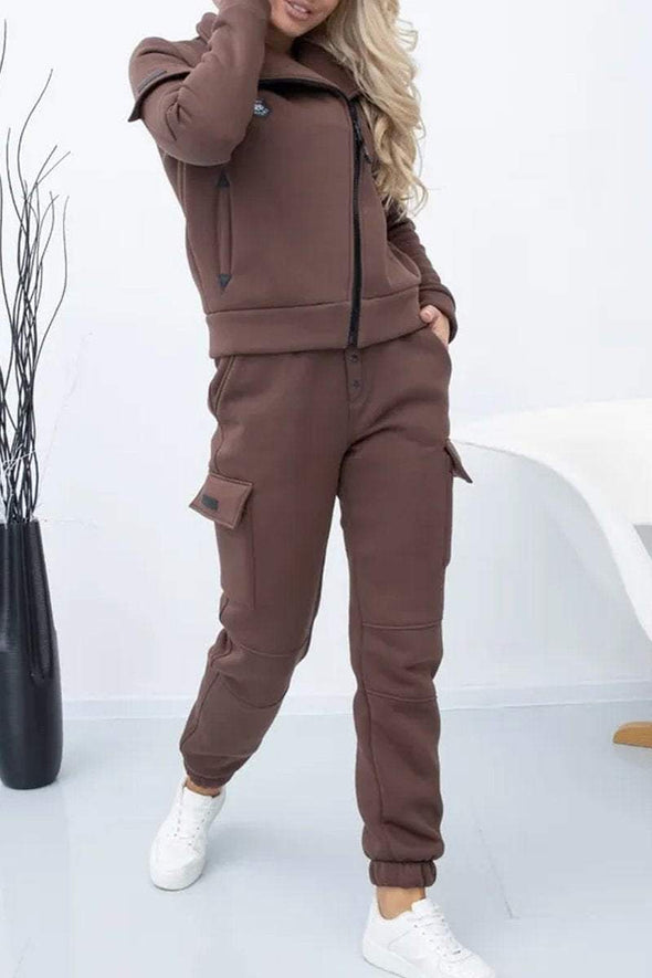 Women's Casual Solid Color Zip Cardigan Two Piece Set