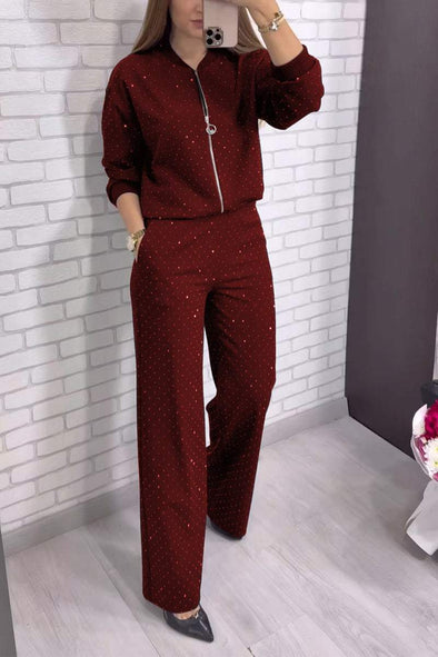 Women's Casual Round Neck Zipper Shiny Two-piece Suit