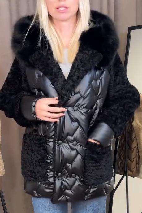 Women's Casual Sherpa Patchwork Fur Collar Cotton Jacket