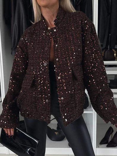 Women's Round Neck Long Sleeve Sequined Casual Coat