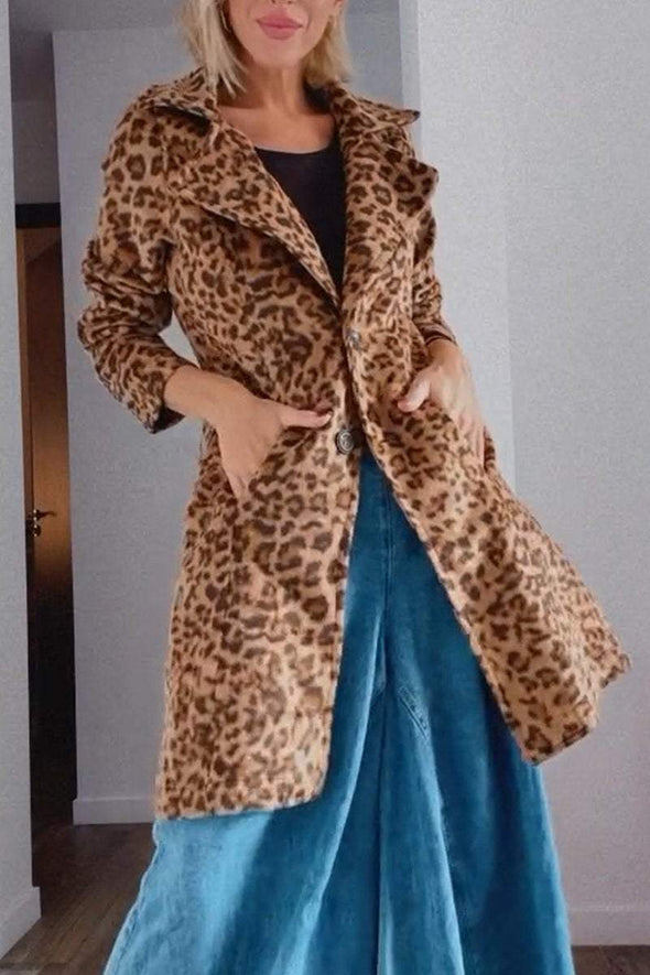 Women's Casual Lapel Mid-length Leopard Print Coat