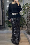 Women's Round Neck Long Sleeve Sequined Skirt Two Piece Suit