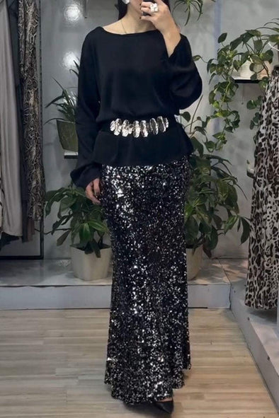 Women's Round Neck Long Sleeve Sequined Skirt Two Piece Suit