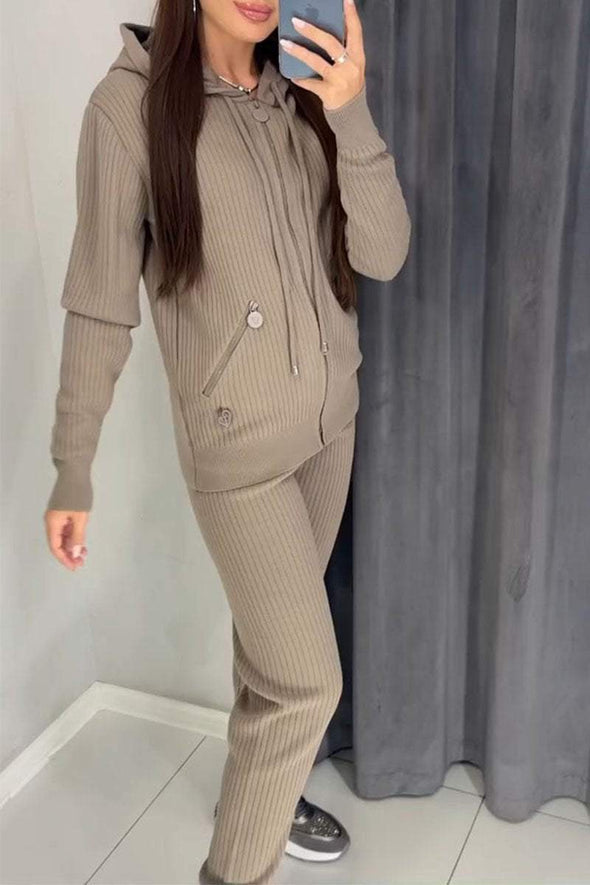 Women's Solid Color Knitted Hoodies and Trousers Set