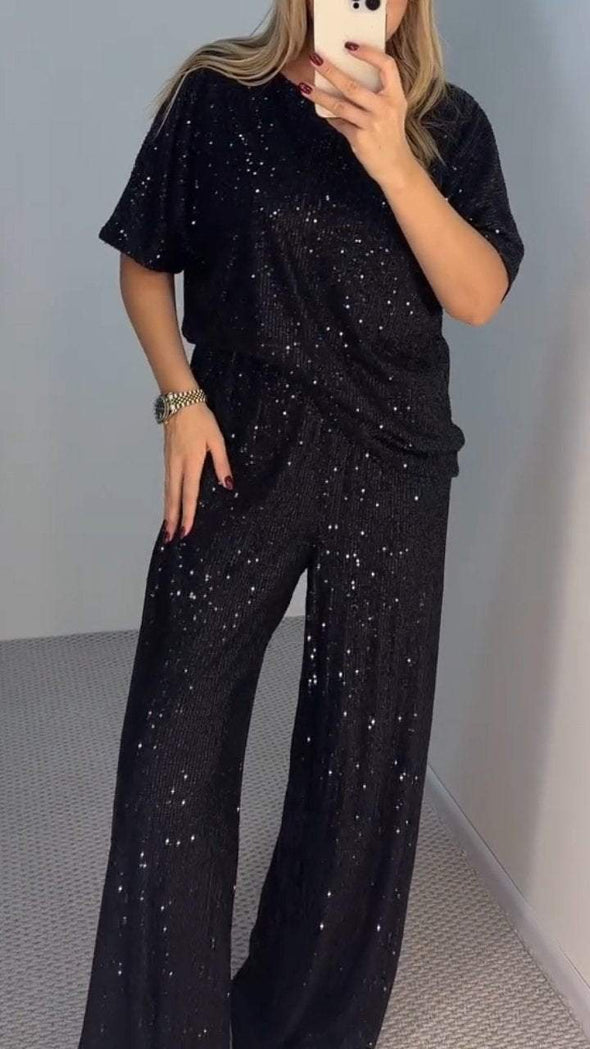 Women's Sequined Mid-sleeve Top + Trousers Casual Suit