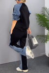 Women's Casual Denim Patchwork Raglan Sleeve Top and Elastic Waist Pants Two-Piece Set