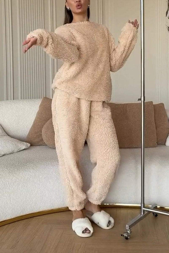 Women's Casual Round Neck Lamb Wool Two Piece Suit