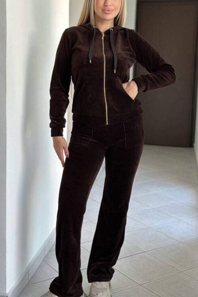 Women's Casual Hooded Velvet Two-piece Suit