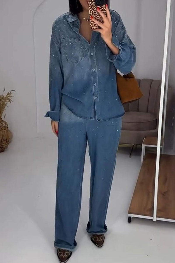 Women's Lapel Long Sleeve Denim Two Piece Set