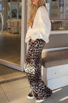 Women's Leopard Print Round Neck Long Sleeve Pullover Sweatshirt Two Piece Set