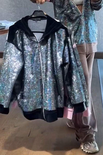 Women's Sequined Long-sleeved Hooded Sweatshirt Two-piece Set