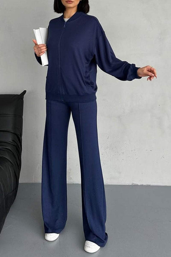 Women's Round Neck Hot Diamond Zipper Casual Sweatshirt Suit