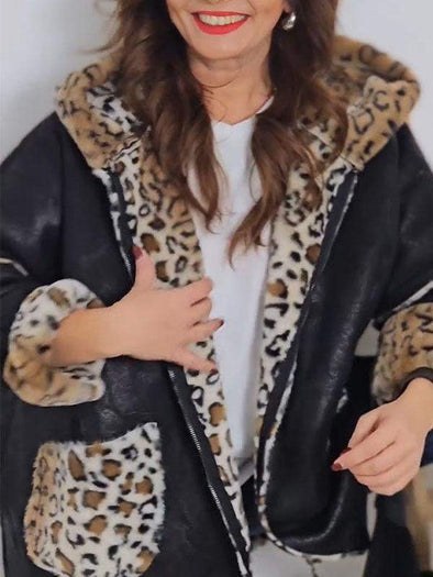 Women's Leopard Print Patchwork Hooded Coat