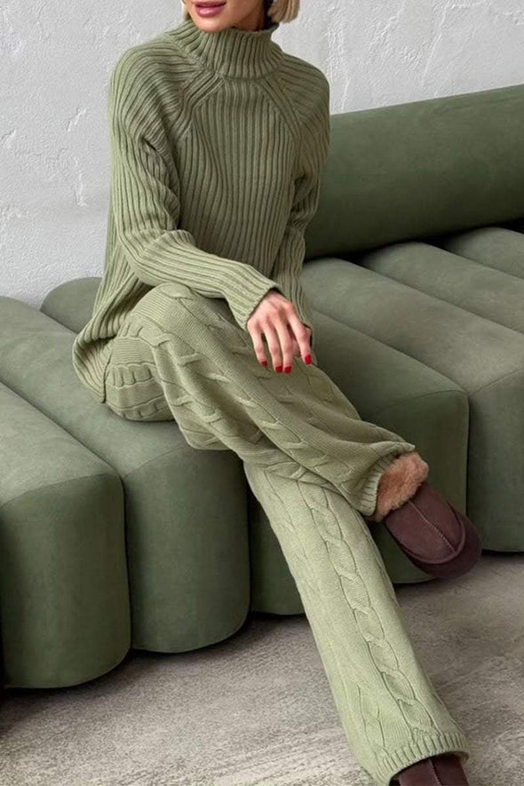 Women's Solid Color Turtleneck Knitted Top and Trousers Two-piece Set