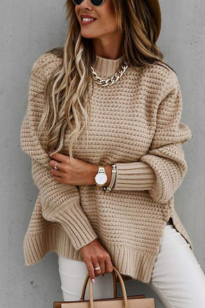 Women's Half-high Collar Solid Color Side-slit Knitted Sweater