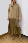 Women's knitted long sleeve top and satin skirt set