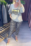 Women's V-neck Sequined Top and Leopard Print Trousers Set