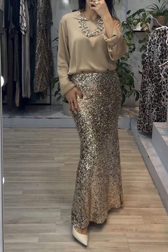 Women's Round Neck Long Sleeve Sequined Skirt Two Piece Suit