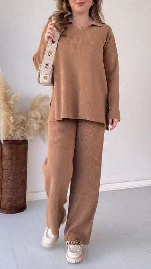 Women's Lapel Long Sleeve Sweater Two Piece Set