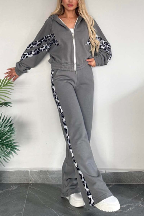 Women's casual leopard print patchwork sports suit