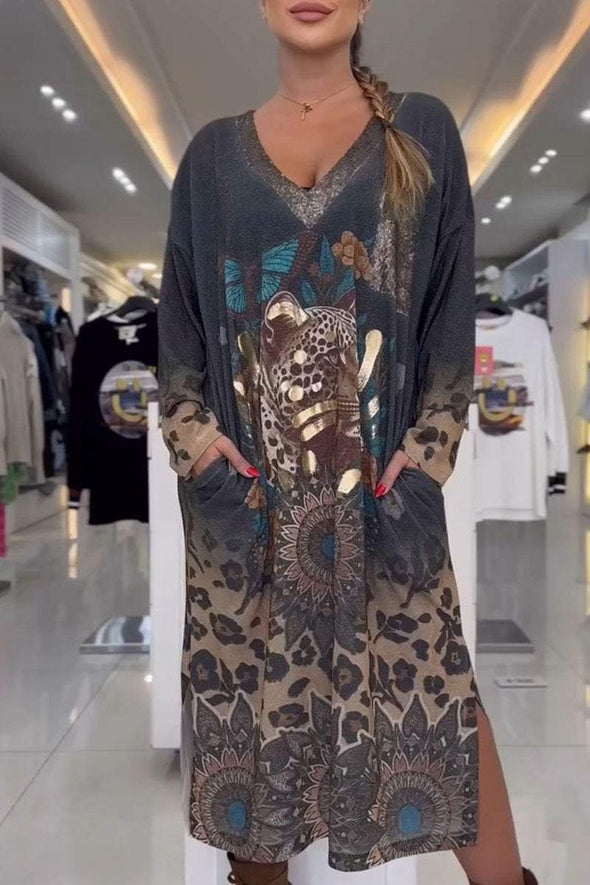 Women's V-neck Long-sleeved Printed Dress