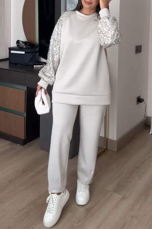 Women's Long Sleeve Sequined Pullover Sweatshirt Two Piece Set