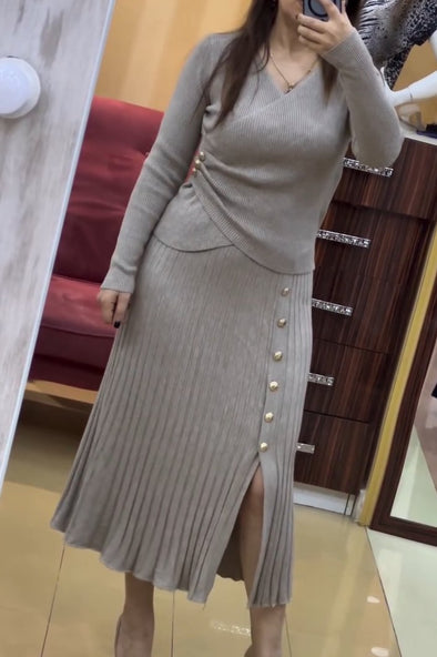 Ladies Casual Waisted Skirt Hem Slit Button Design Skirt Suit