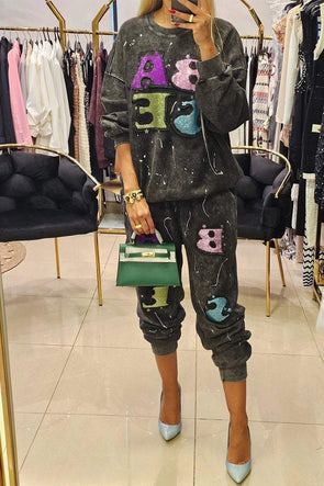 Women's Round Neck Printed Sweatshirt and Trousers