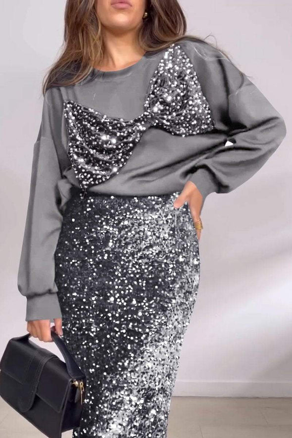 Women's Casual Round Neck Sequin Bow Decorated Sequin Skirt Suit