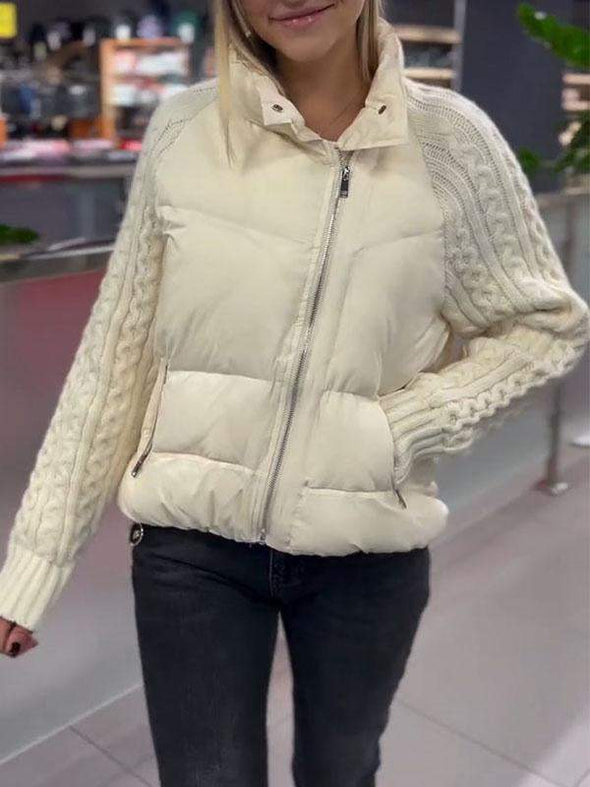 Women's High Collar Long Sleeve Knitted Patchwork Coat