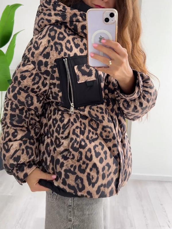 Women's Leopard Print Long Sleeve Hooded Coat