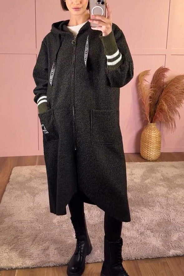 Women's Casual Hooded Zip-up Woolen Coat