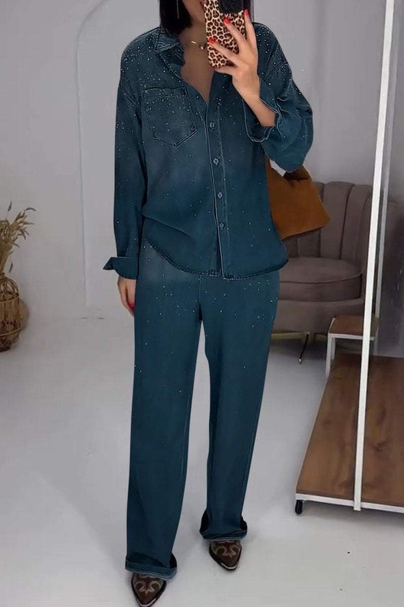 Women's Lapel Long Sleeve Denim Two Piece Set