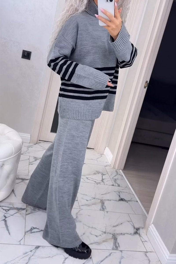 Women's Casual Knit Stripe Long Sleeve Two-Piece Set