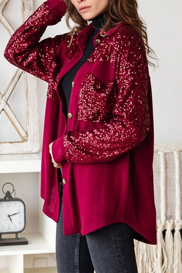 Women's Casual Solid Color Sequined Patchwork Shirt