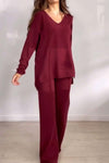 Women's casual solid color V-neck top and trousers knitted suit