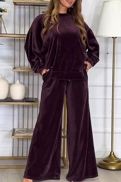 Women's Casual Solid Color Velvet Round Neck Slit Hem Suit