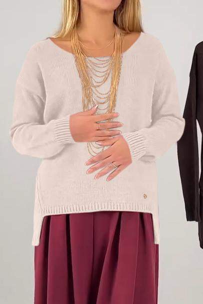 Women's casual round neck sweater with irregular hem