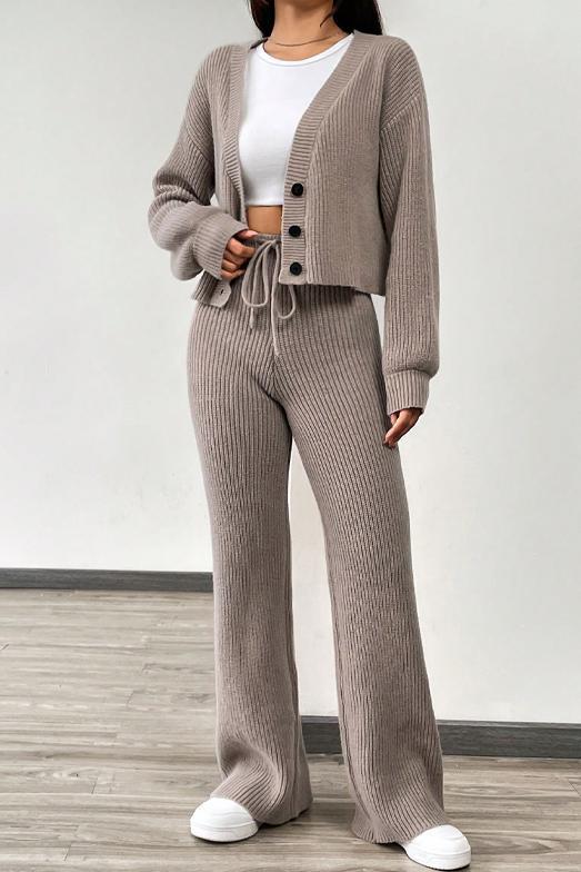 Women's Casual Solid Color Knitted Cardigan Suit