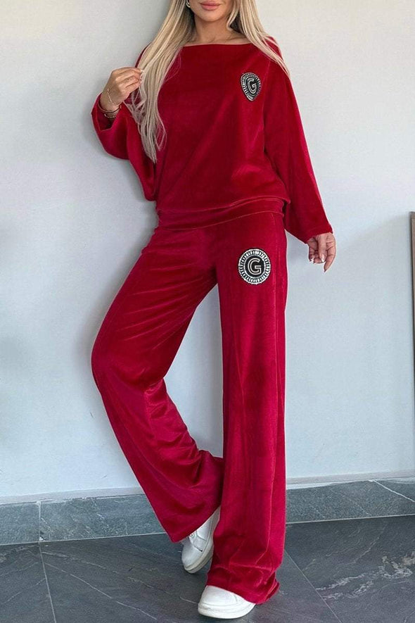 Women's One-shoulder Long-sleeved Velvet Casual Suit