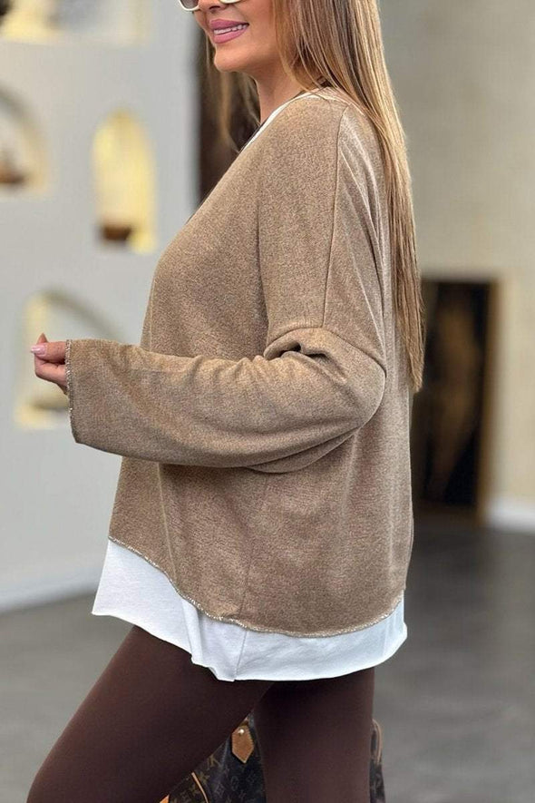 Women's Casual Solid Color False Two Piece Long Sleeve T-Shirt