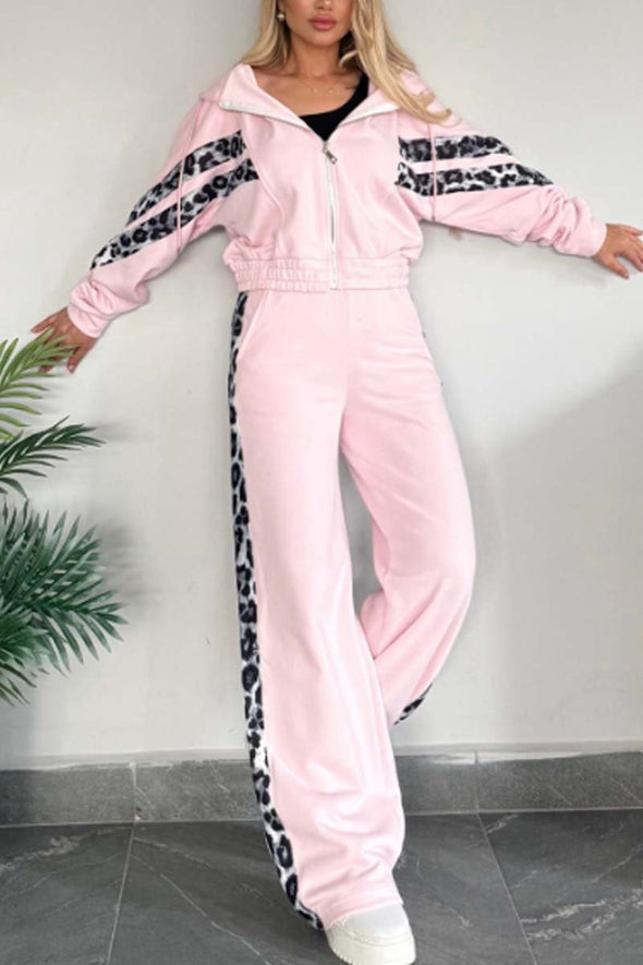 Women's casual leopard print patchwork sports suit