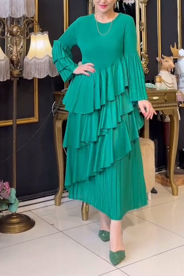 Women's Casual Round-neck Long-sleeved Pleated Dress