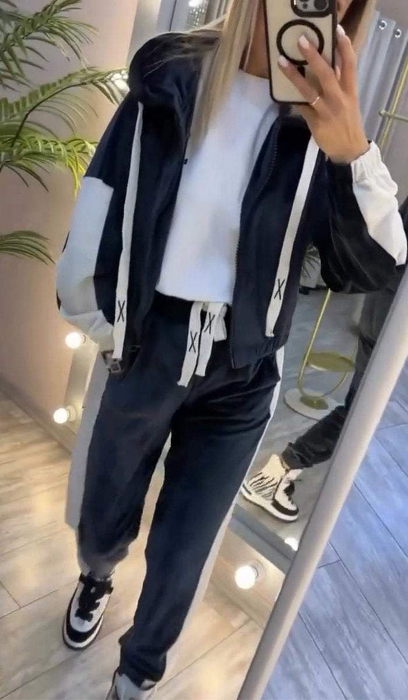 Women's Casual Hooded Contrast Color Two Piece Suit