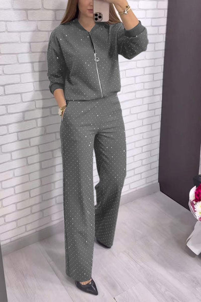 Women's Casual Round Neck Zipper Shiny Two-piece Suit